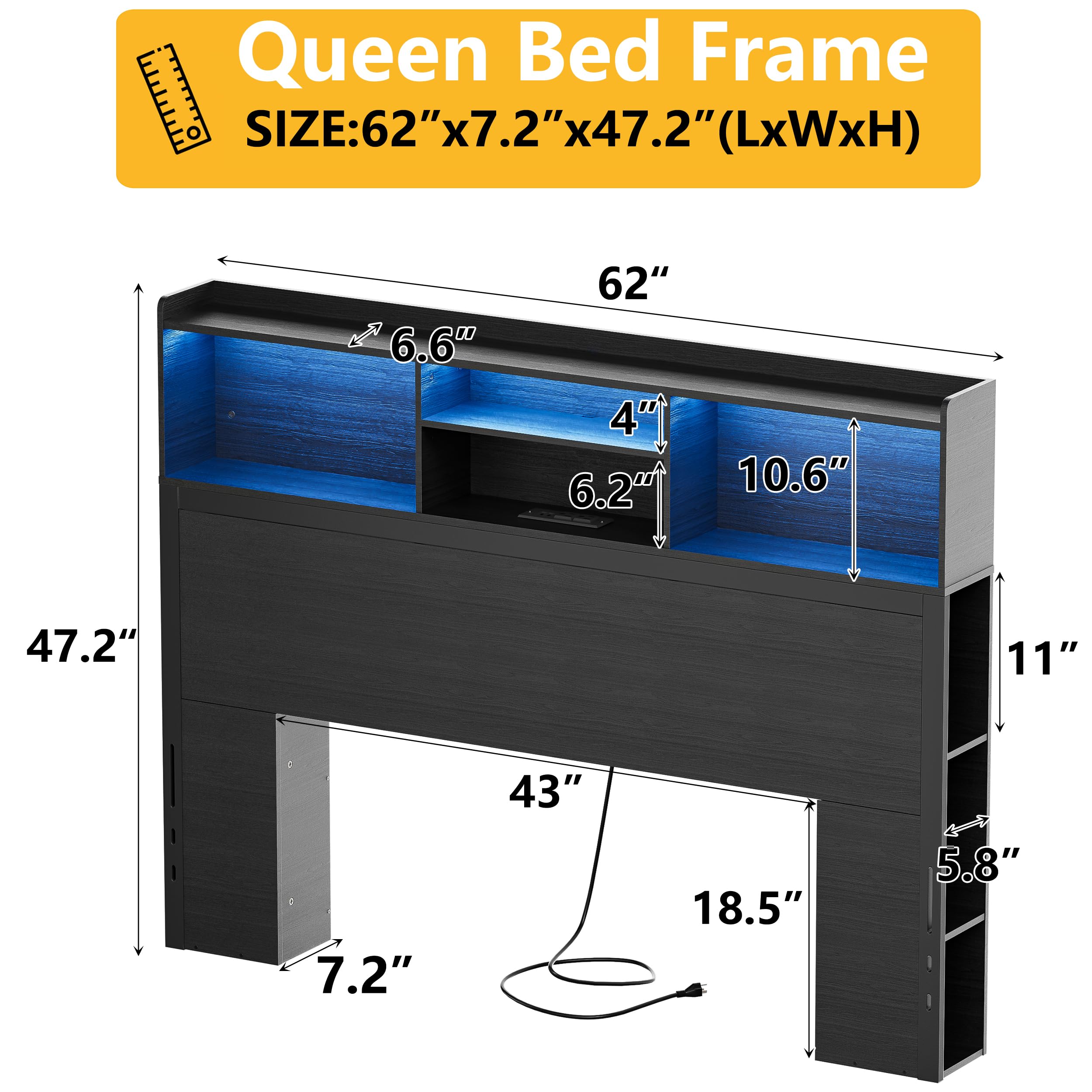 PAKASEPT Queen/Full Headboard Only for Bedroom, Stylish Bookcase Headboard with Charging Station & LED Lights, Headboards with Storage, 4-Tier Bookcase Headboard and Side Storage, Black