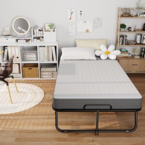 SPERTIKC Folding Bed with 5” Mattress, 75" x 38" Twin Folding Bed for Adults, Portable Foldable Twin Bed, Fold up Guest Bed with Study Metal Frame on Wheels, Space Saving