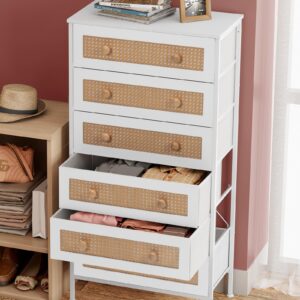 Crestlive Products Rattan Dresser Storage Tower, Tall Fabric Dresser, Chests of Drawers, Wood Top &Wood Handles - Organizer Unit for Bedroom, Hallway, Entryway, Closets - 6 Drawers (White)