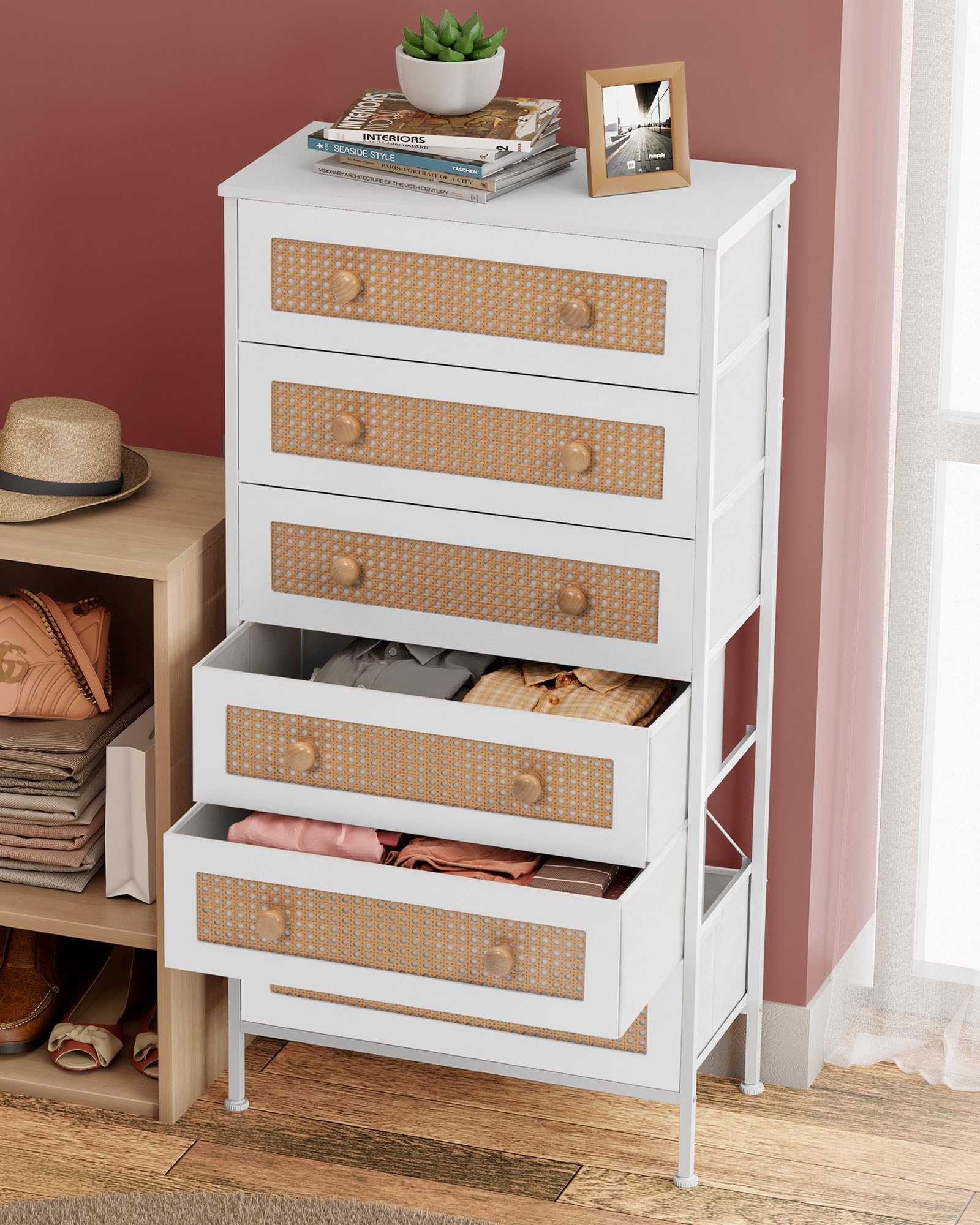 Crestlive Products Rattan Dresser Storage Tower, Tall Fabric Dresser, Chests of Drawers, Wood Top &Wood Handles - Organizer Unit for Bedroom, Hallway, Entryway, Closets - 6 Drawers (White)