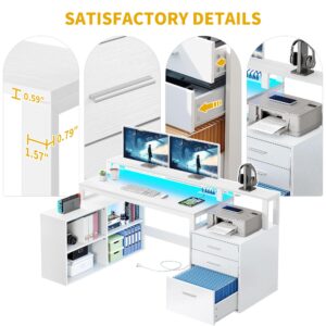 DWVO L Shaped Desk with Power Outlets & LED Lights, 65" Computer Desk with Drawers, Corner Desk Office Desk with File Cabinet & Printer Stand, White