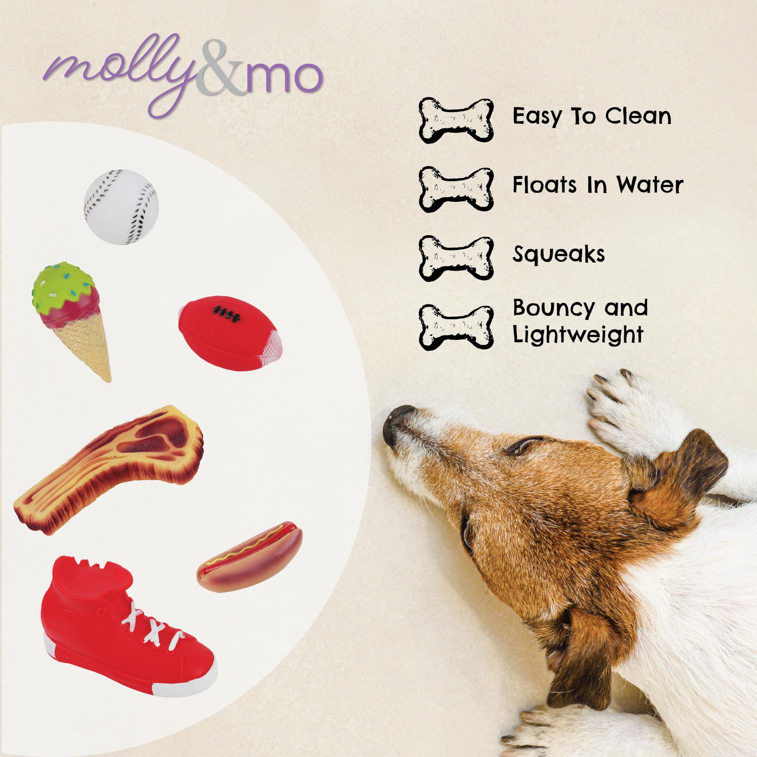 Molly & Mo Dog Chew Toys Squeaky Hot Dog, Steak and Ice Cream Shapes, Assorted Sizes for Different Dog Breeds, Loud Squeaking Sounds (Ice Cream)