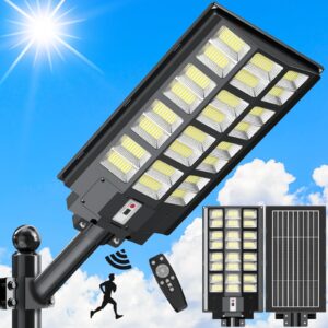 tenkoo solar street lights outdoor 4000w solar parking lot lights, 230000 lumens solar street lights with motion sensor led wide angle lamp waterproof ip67 commercial lighting for yard