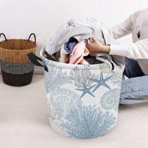 Laundry Basket Ocean Coastal Coral Starfish Seahorse,Waterproof Collapsible Clothes Hamper Blue Sealife Sea Shell,Large Storage Bag for Bedroom Bathroom