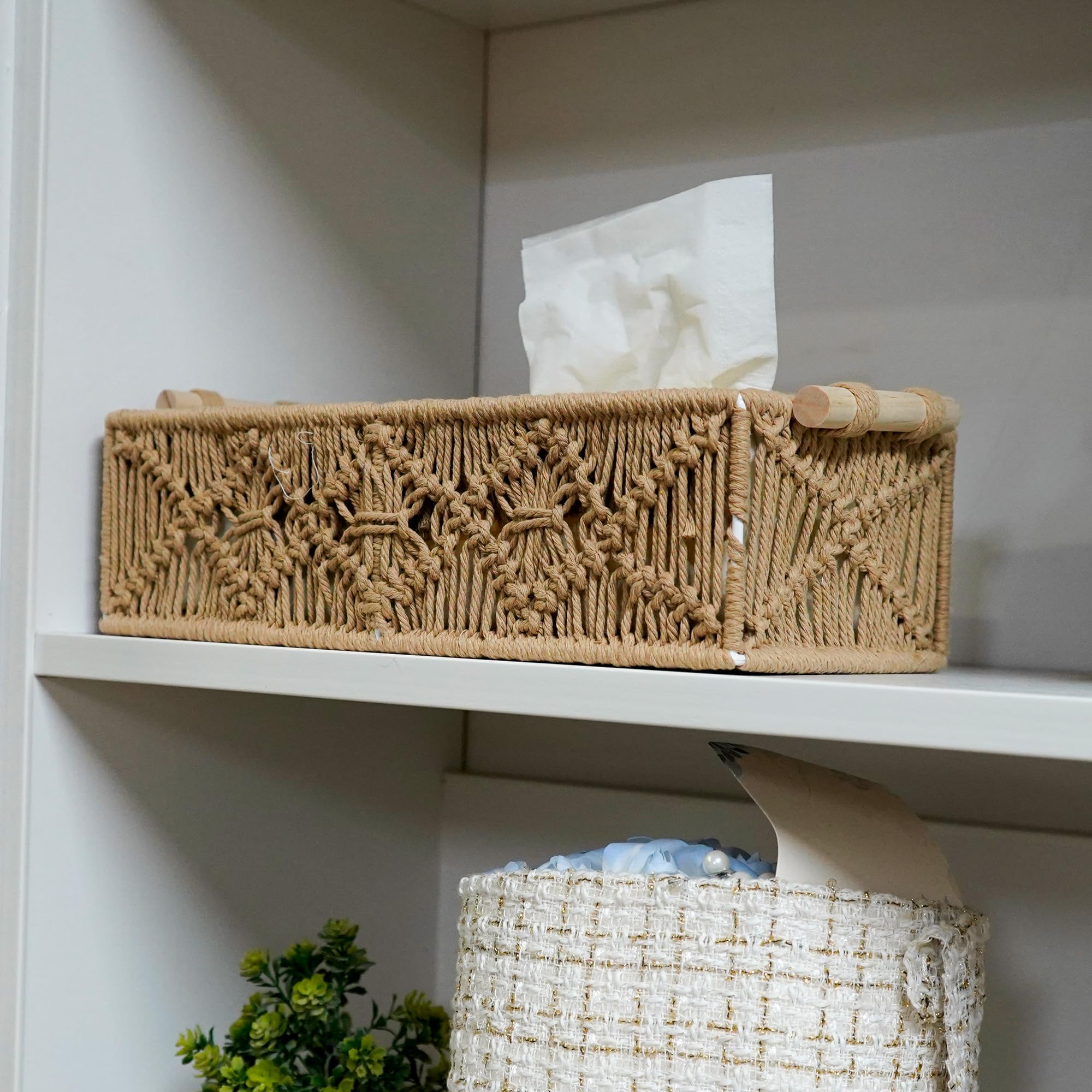 Purple Macrame Storage Basket, Boho Woven Decor Organizer for Countertop Toilet Tank Shelf Cabinet Bathroom Living Room Entryway