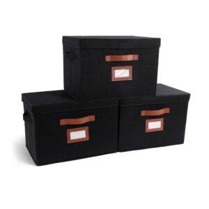 clutter cure large collapsible storage bins with lids fabric handles, faux leather handles and label holder, 16"x11"x11", 3-pack of decorative storage boxes with lids large for home (black)