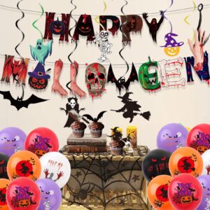 56Pcs Halloween Balloons Party Decorations Horror Hanging Banner Streamers Paper Cake Toppers Skull Balloon Swirls Decorations for Indoor Halloween Birthday Party Supplies