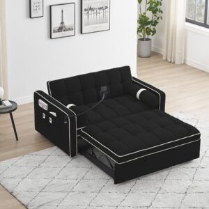 litvz love seat sleeper bed, 3 in 1 convertible sleeper sofa couch with pull out bed, velvet futon sofa bed with phone holder, pillows and pockets for living room apartment small place (black)