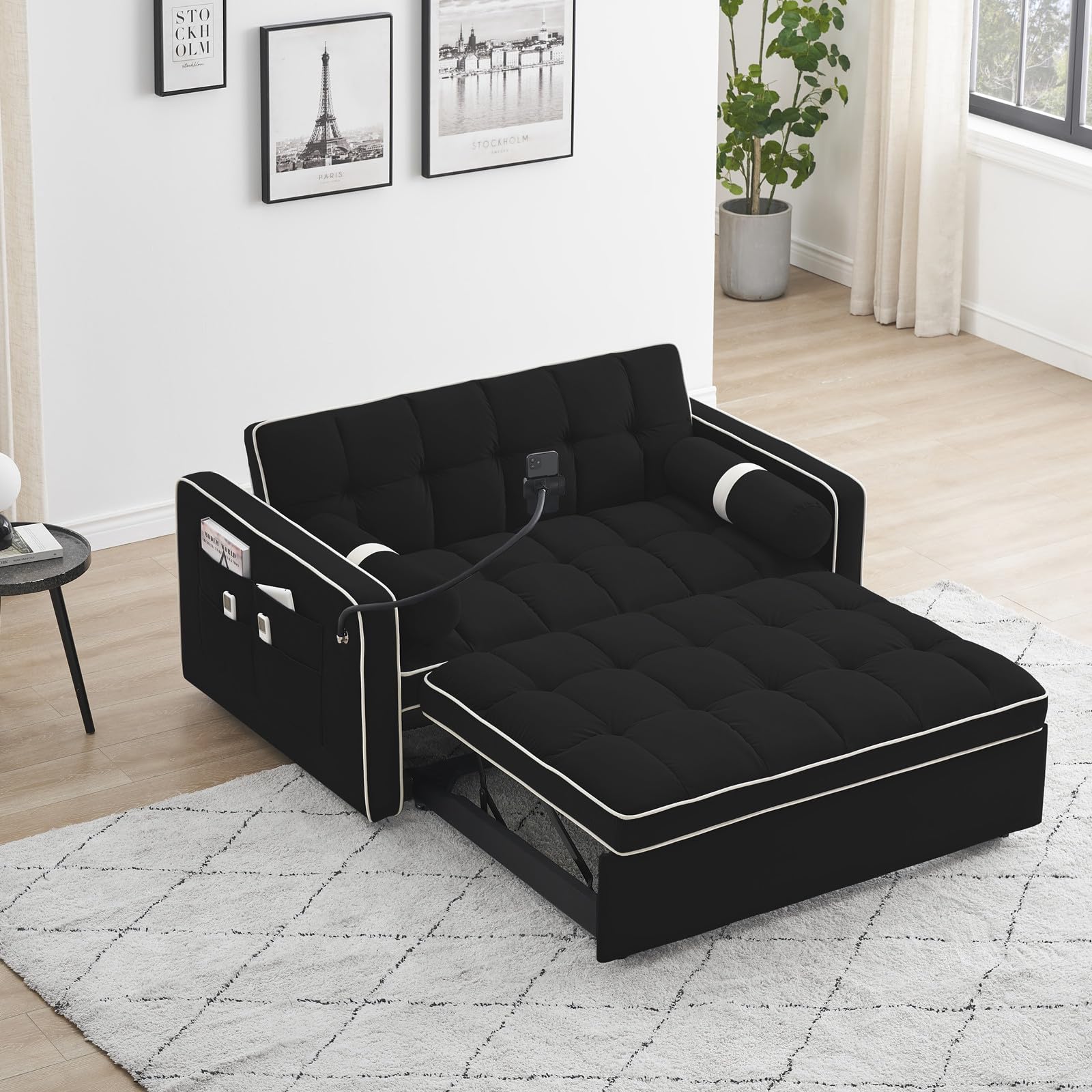 LITVZ Love Seat Sleeper Bed, 3 in 1 Convertible Sleeper Sofa Couch with Pull Out Bed, Velvet Futon Sofa Bed with Phone Holder, Pillows and Pockets for Living Room Apartment Small Place (Black)