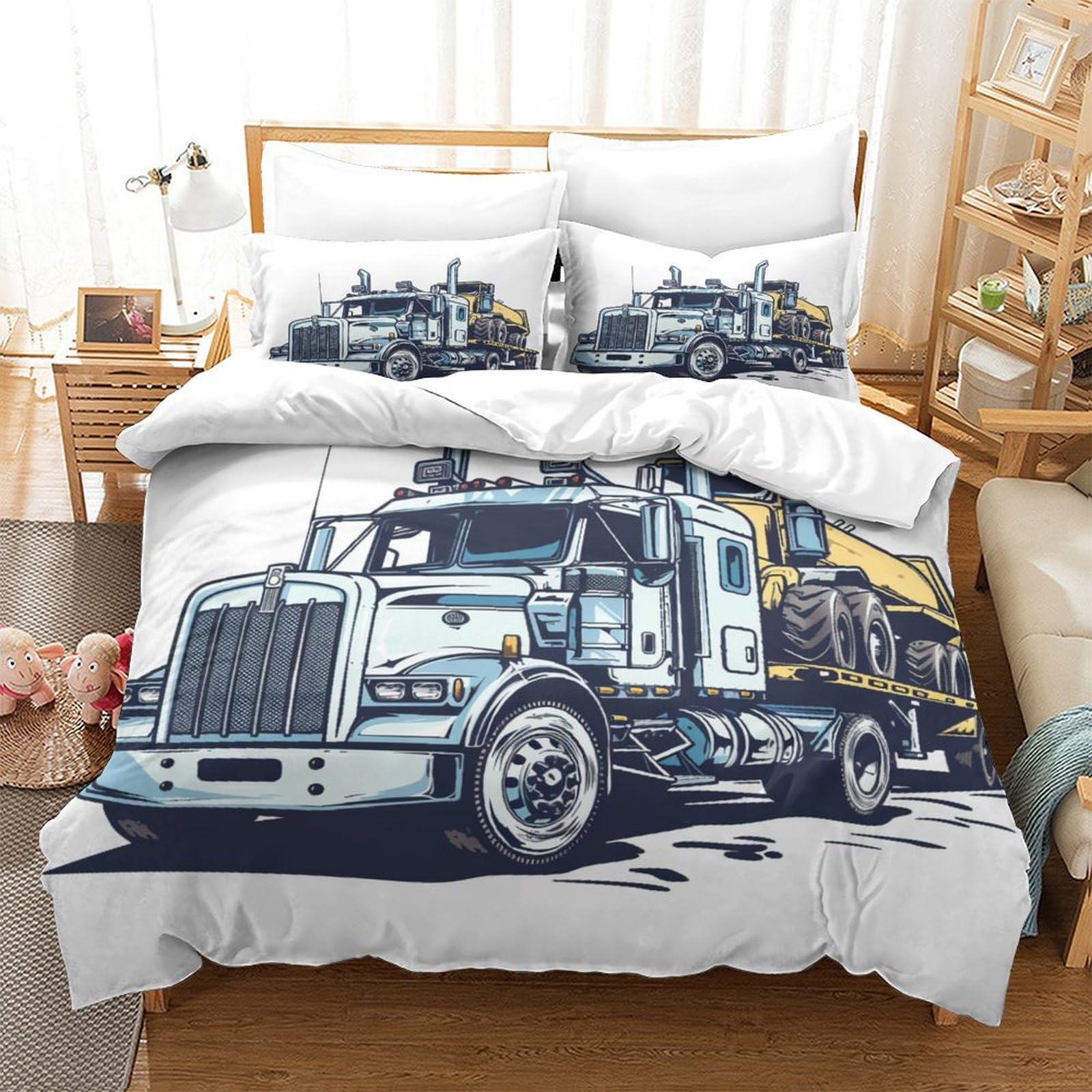 Semi Truck Duvet Cover Quilt Cover Comforter Covers for Boys Girls 3D Printed Heavy Equipmet Hauling Soft Microfiber Bedding Set with Zipper Closure with Pillow Cases 3 Pieces Twin（173x218cm）