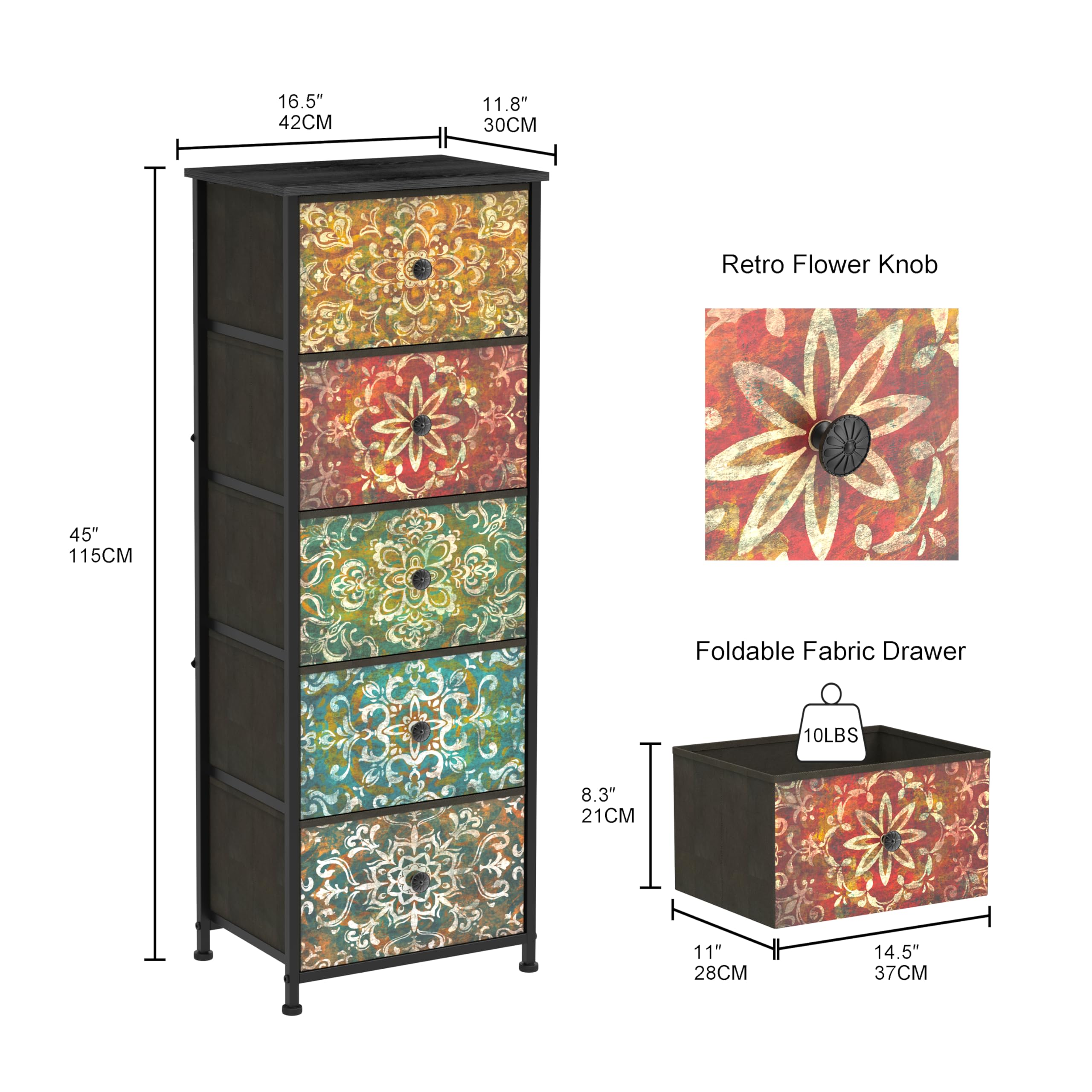 GiftGo Retro Dresser with Fabric Drawers Boho Mandala Flower Chest of Drawers Narrow Storage Tower for Small Spaces Gaps Bedroom Beautiful Nightstand Living Room Table (Mandala, 5 Drawers)