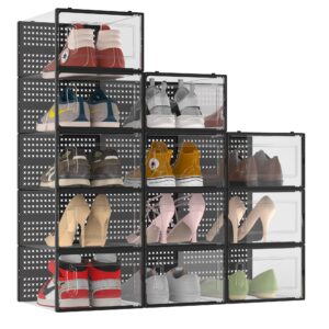 fkprorjv xx large shoe storage box organizer for closet, 12 pack space saving versatile clear plastic stackable sneaker shoe rack containers bins holders, portable closet organizers and storage, black