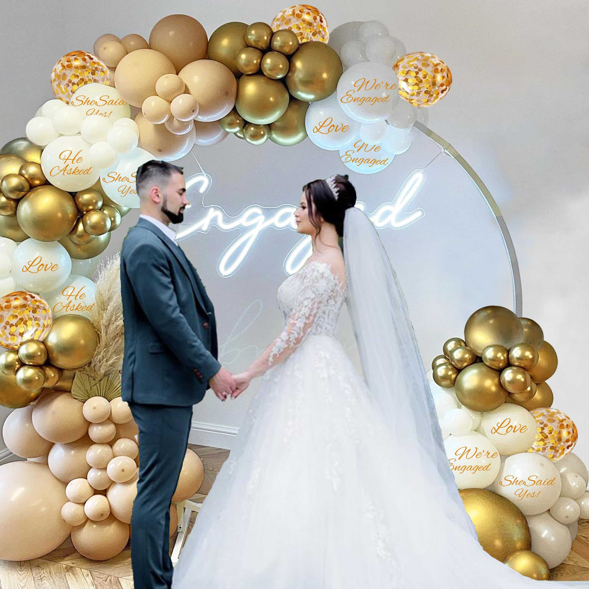 132 PCS Engagement Balloons Garland Arch Kit Balloon White Sand Gold Confetti Balloons Garland for Bridal Shower Engagement Wedding Party Decoration