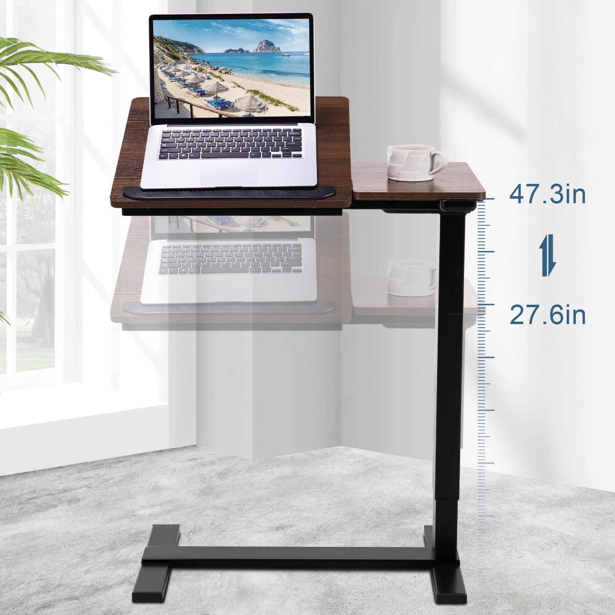 Fromann Electric Height Adjustable Standing Laptop Desk Movable Sit to Stand Desk, Overbed Bedside Laptop Table with Tilting Board and Wheels for Home Office (Black Walnut)