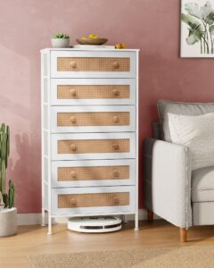 crestlive products rattan dresser storage tower, tall fabric dresser, chests of drawers, wood top &wood handles - organizer unit for bedroom, hallway, entryway, closets - 6 drawers (white)