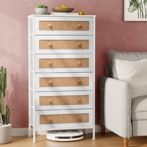 Crestlive Products Rattan Dresser Storage Tower, Tall Fabric Dresser, Chests of Drawers, Wood Top &Wood Handles - Organizer Unit for Bedroom, Hallway, Entryway, Closets - 6 Drawers (White)