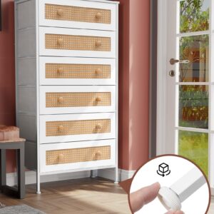 Crestlive Products Rattan Dresser Storage Tower, Tall Fabric Dresser, Chests of Drawers, Wood Top &Wood Handles - Organizer Unit for Bedroom, Hallway, Entryway, Closets - 6 Drawers (White)