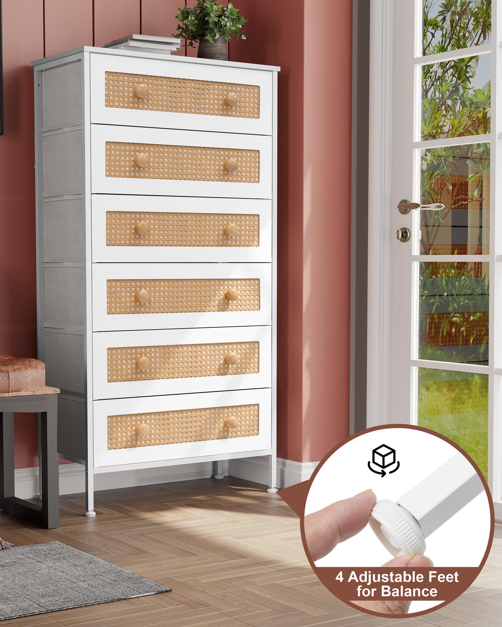 Crestlive Products Rattan Dresser Storage Tower, Tall Fabric Dresser, Chests of Drawers, Wood Top &Wood Handles - Organizer Unit for Bedroom, Hallway, Entryway, Closets - 6 Drawers (White)