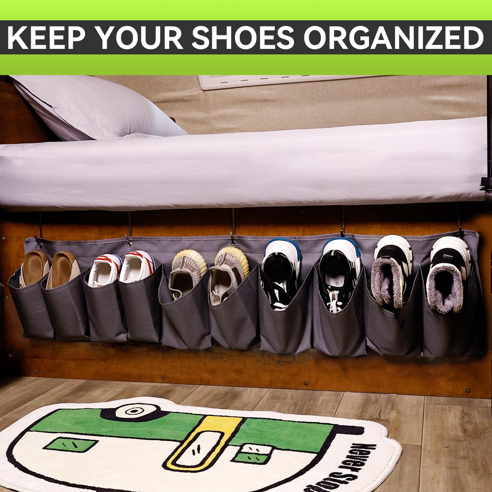 RVMATE RV Shoe Storage Pockets for Hanging Bedside Storage Organizer Grey with 10 Pockets, RV Shoe Pockets for Shoes/Boots/RV Accessories Organization