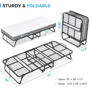 SPERTIKC Folding Bed with 5” Mattress, 75" x 38" Twin Folding Bed for Adults, Portable Foldable Twin Bed, Fold up Guest Bed with Study Metal Frame on Wheels, Space Saving