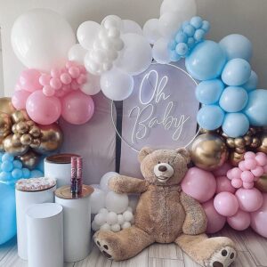 ADOINBY Pink Blue White Balloons, 70 Pcs 12 inch Pink Blue and White Balloons Confetti Latex Balloon with Ribbon for Gender Reveal Baby Shower Birthday Bridal Shower Wedding Party Decorations Supplies