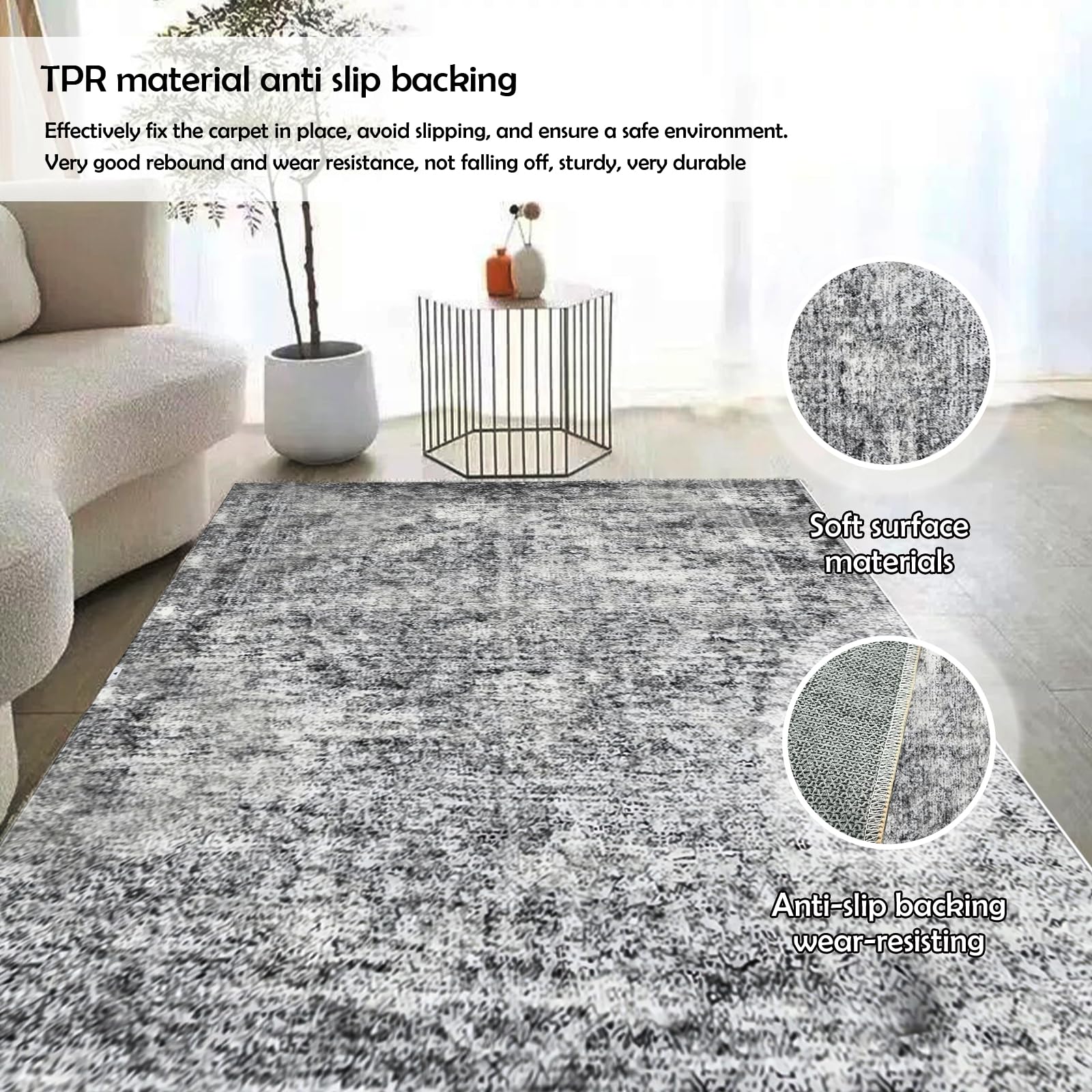 Area Rug 5x7 Washable Throw Rugs with Rubber Backing Stain Resistant Non-Slip Waterproof Foldable Thin Grey Rug Retro Carpet for Living Room Office Bedroom Bedside (C03, 5'x7')