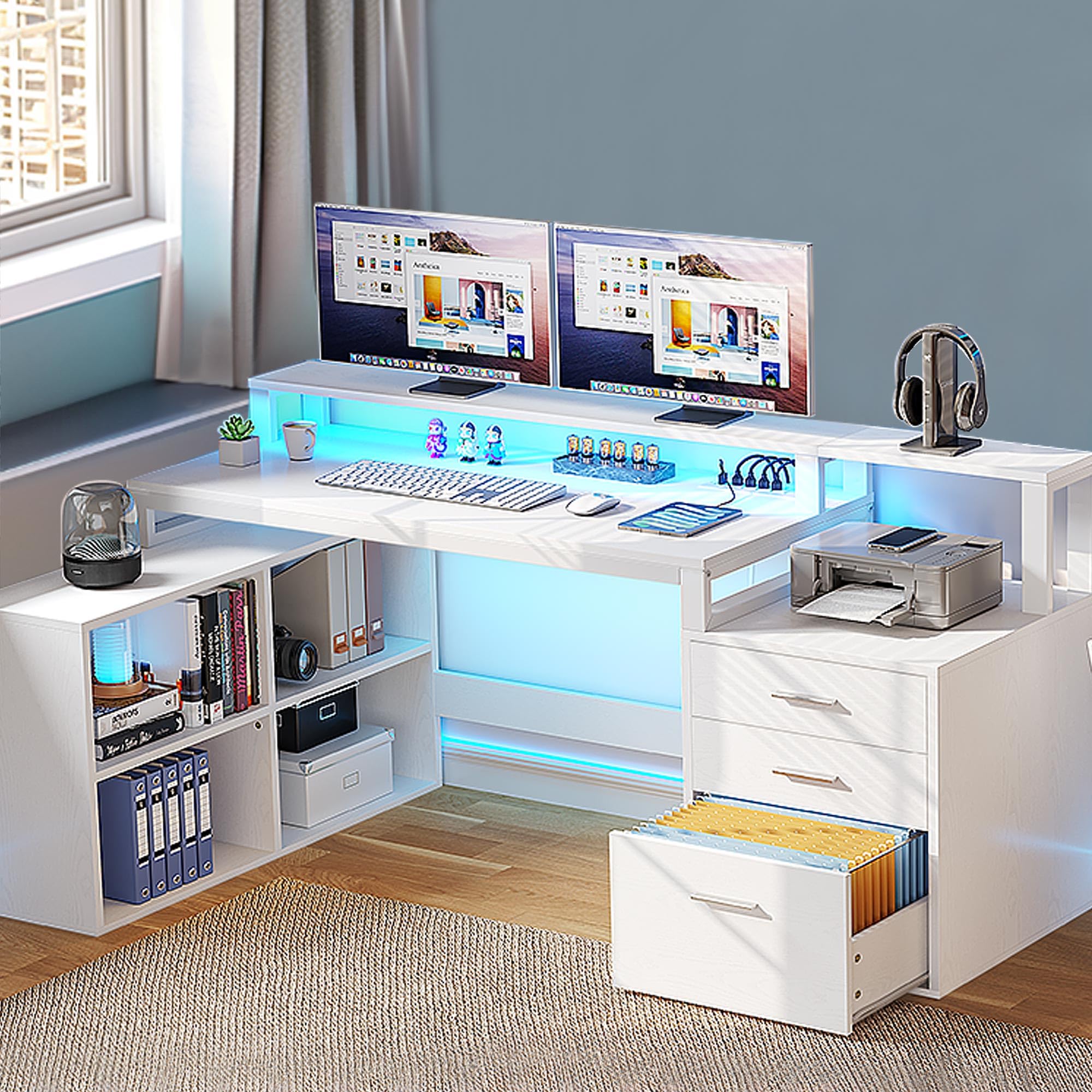 DWVO L Shaped Desk with Power Outlets & LED Lights, 65" Computer Desk with Drawers, Corner Desk Office Desk with File Cabinet & Printer Stand, White