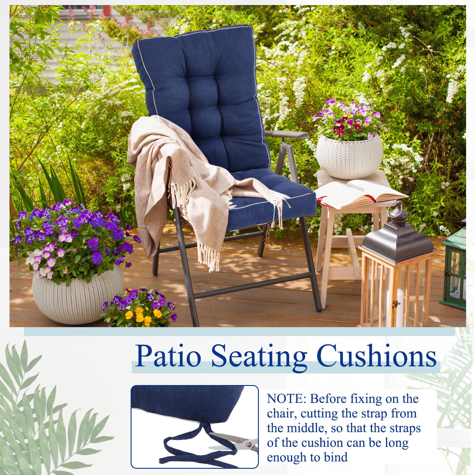 Juexica 2 Set Outdoor Patio Cushions High Back Outdoor Chair Cushions Rocking Chair Cushion Waterproof Indoor Patio Fastness Chair Pads with Ties for Seasonal Indoor Home Office(Navy Blue)