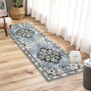 COZYLOOM Area Rug 2x6 Washable Hallway Runner Rug Non-Slip Entryway Laundry Rug Runner Non Shedding Floor Carpet Vintage Rugs for Hallway Bedroom Kitchen Bathroom, Blue/Grey