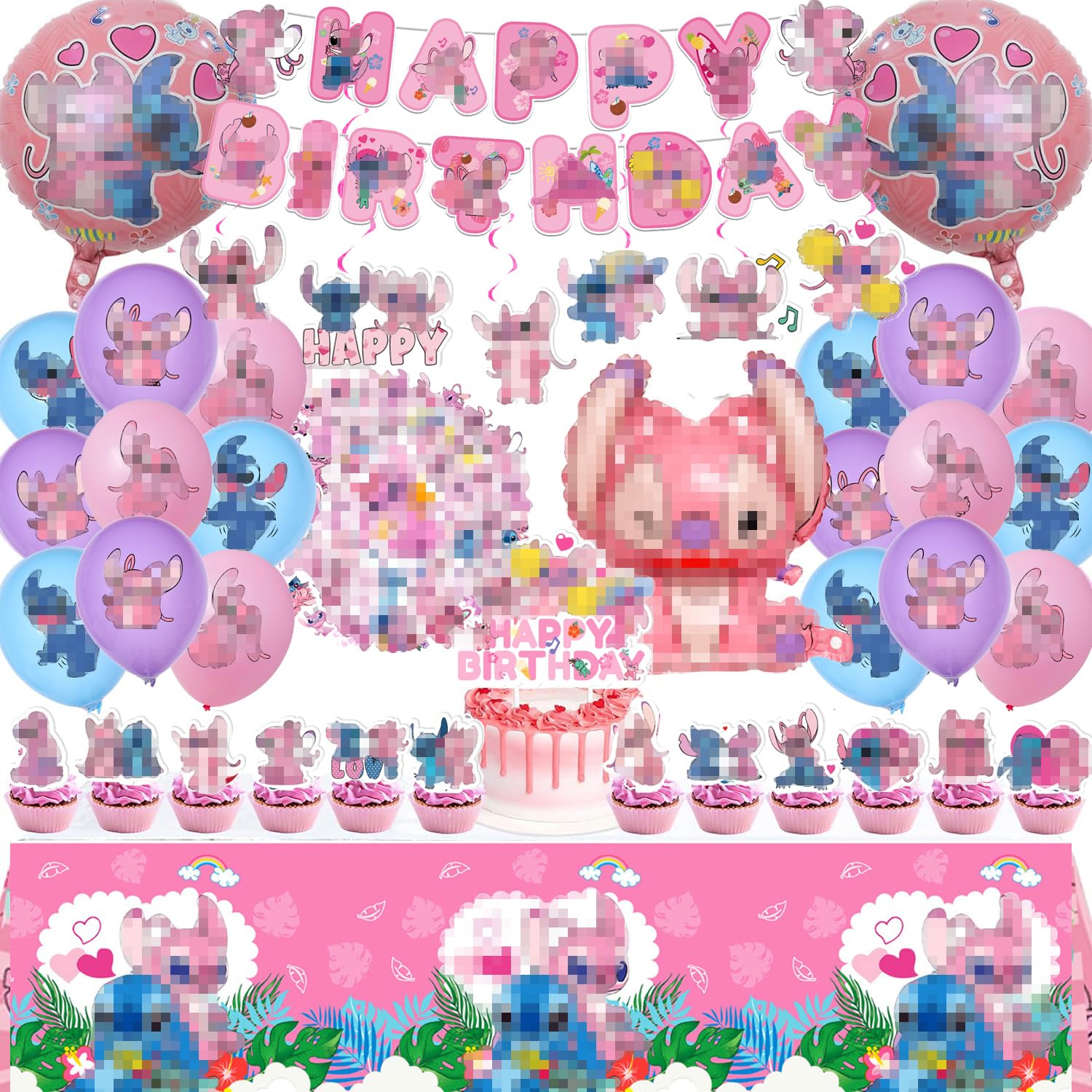 Generic Pink stich Birthday Decorations stich Birthday Party Supplies stich Happy Birthday Banner Hanging Swirls Cake Topper Balloons Tablecloth for Birthday Party Supplies