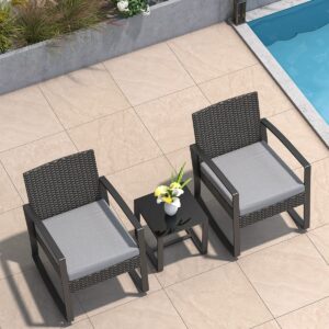 Aiho 3 Pieces Patio Furniture Set, Outdoor Rocking Chair Sets with Cushion, Modern Rattan Conversation Sets for Porches and Balcony, Gray Cushion