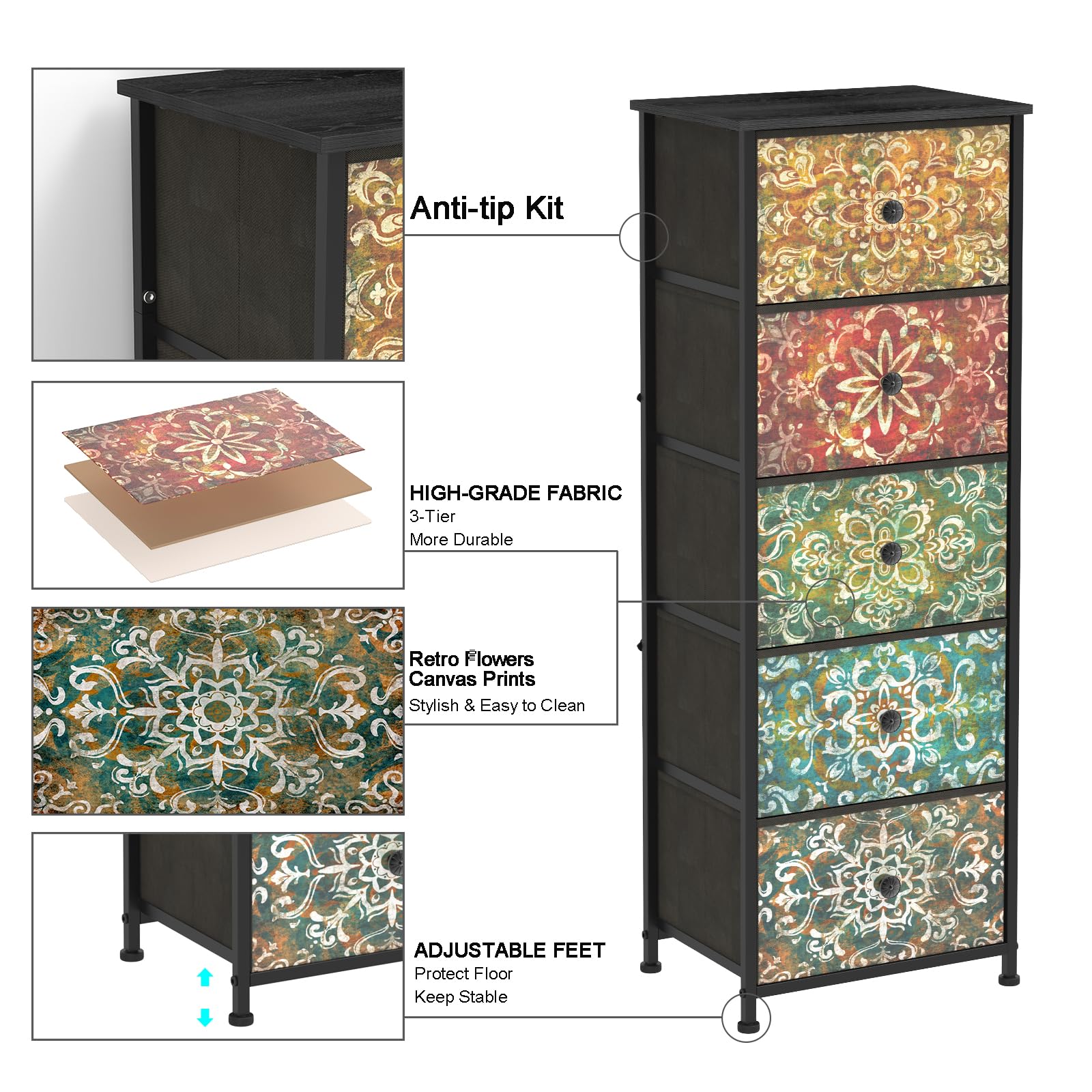 GiftGo Retro Dresser with Fabric Drawers Boho Mandala Flower Chest of Drawers Narrow Storage Tower for Small Spaces Gaps Bedroom Beautiful Nightstand Living Room Table (Mandala, 5 Drawers)