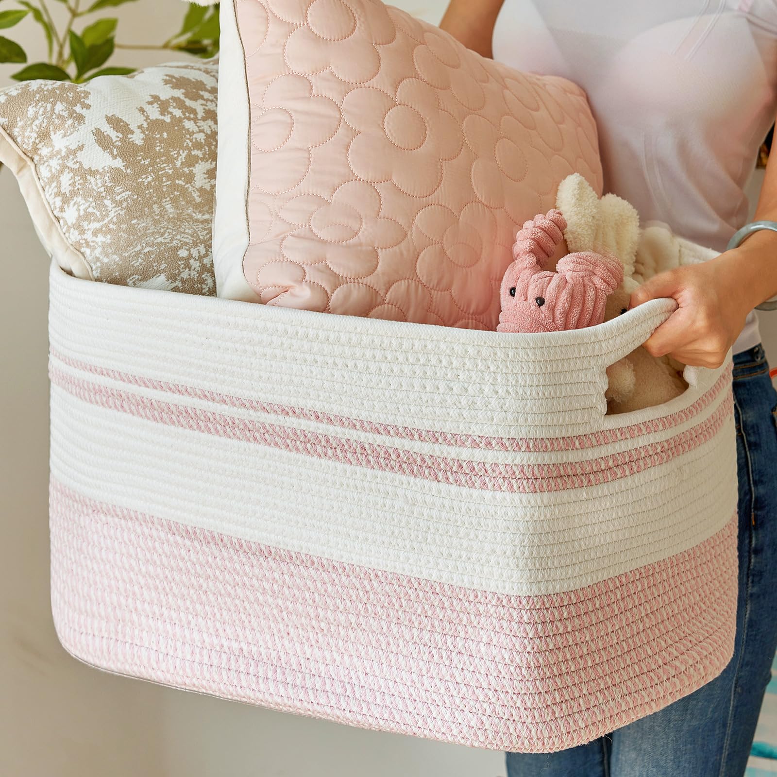 R RUNKA Large Rectangular Cotton Rope Storage Basket - 82L- Ideal for Toy Storage, Blankets, Laundry, Woven Organizer for Living Room, Bedroom - 22"x17"x12"（White & Pink）