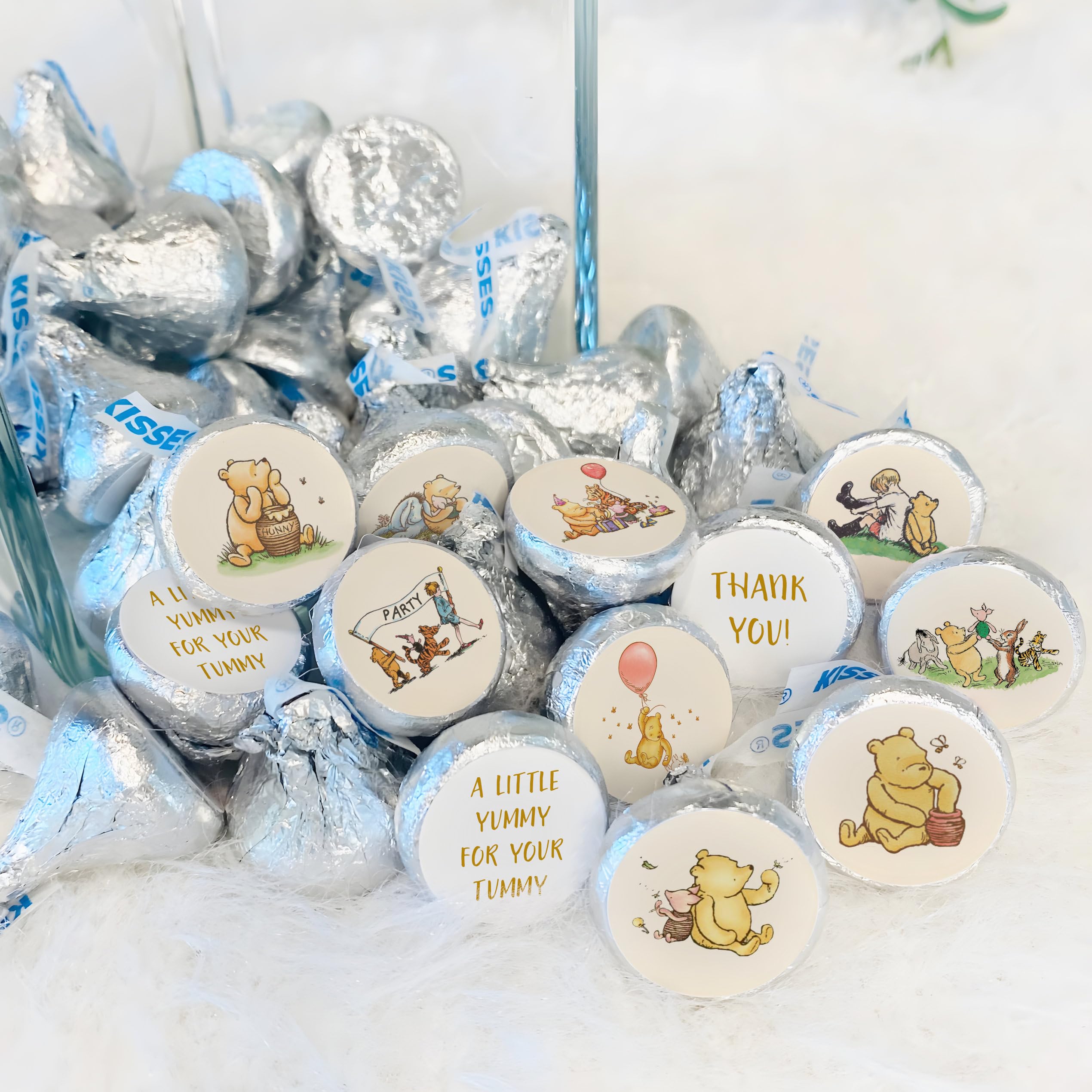 WEECUTES® Winnie Baby Shower Decorations Mini Kisses Stickers Classic Pooh Sticker Set Thank You Chocolate Labels 1st Birthday Party Favors 108 Pcs