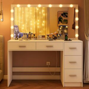 FIONESO 47.2" Large Vanity Desk with Mirror & 14 LED Lights, Makeup Vanity Table with 5 Drawers & Charging Station, Makeup Vanity Desk, 3 Lighting Colors, Dressing Vanity Table for Bedroom, White