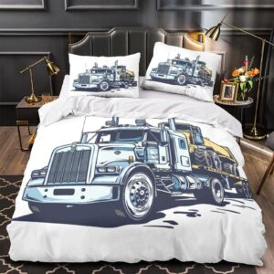 Semi Truck Duvet Cover Quilt Cover Comforter Covers for Boys Girls 3D Printed Heavy Equipmet Hauling Soft Microfiber Bedding Set with Zipper Closure with Pillow Cases 3 Pieces Twin（173x218cm）