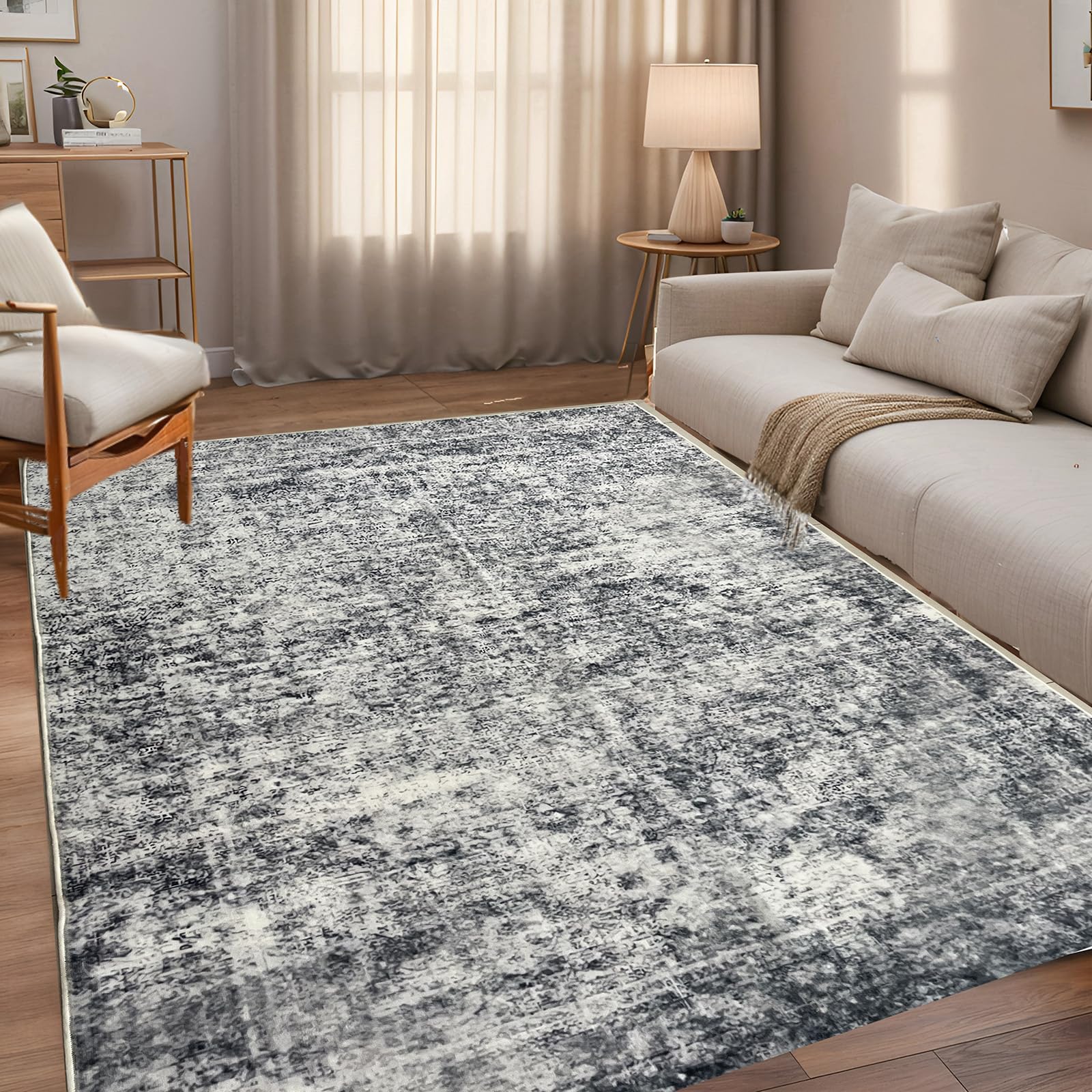 Area Rug 5x7 Washable Throw Rugs with Rubber Backing Stain Resistant Non-Slip Waterproof Foldable Thin Grey Rug Retro Carpet for Living Room Office Bedroom Bedside (C03, 5'x7')