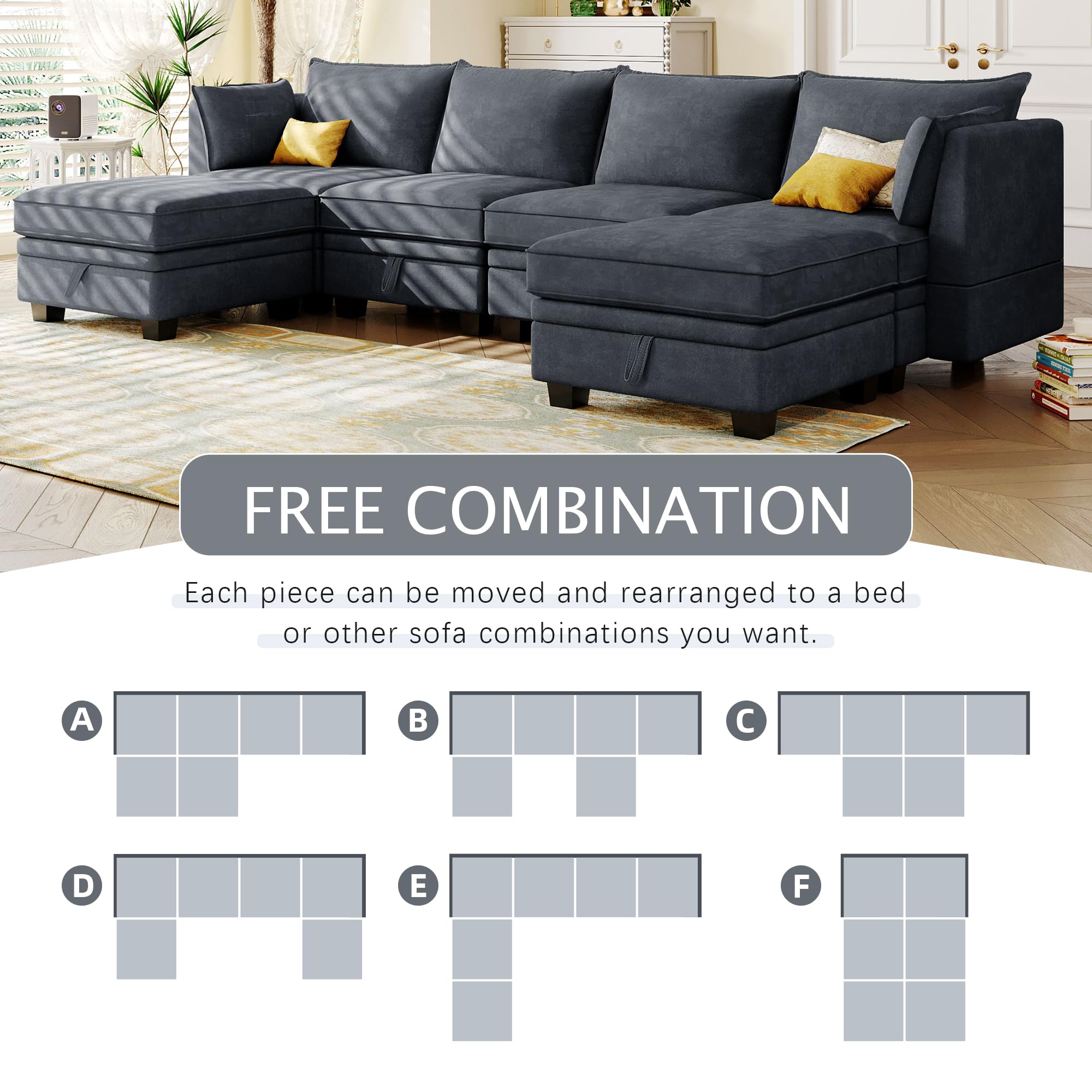 FANYE U-Shaped Oversized 6 Seaters Modular Storage Sectional Sofa with SeatStorage, L/U-Shaped Free Combination Linen Upholstered Couch Cum Daybed Convertible Sleeper Sofabed for Living Room