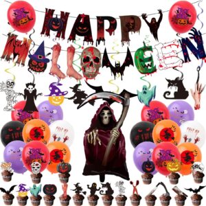 56pcs halloween balloons party decorations horror hanging banner streamers paper cake toppers skull balloon swirls decorations for indoor halloween birthday party supplies