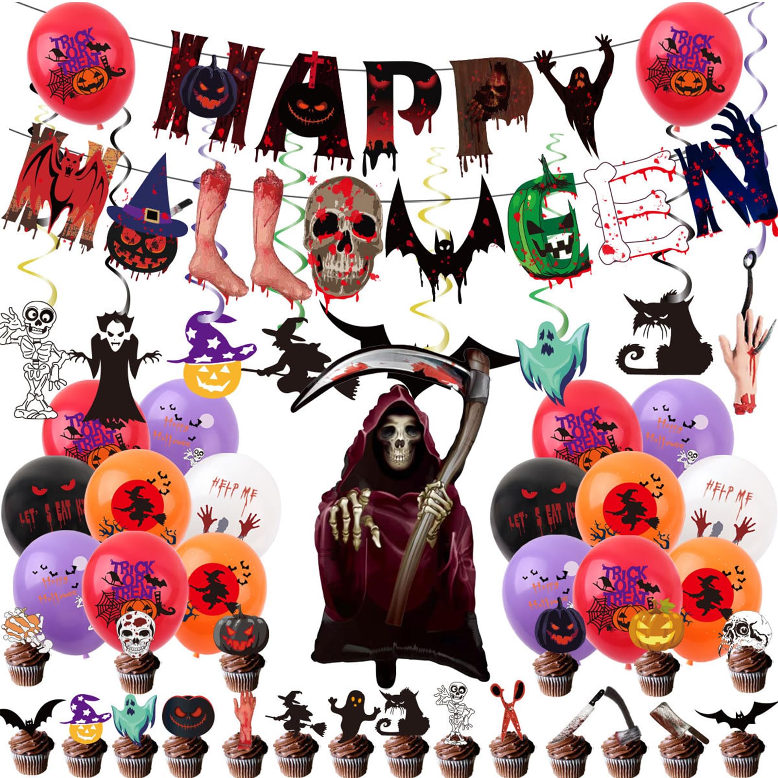 56Pcs Halloween Balloons Party Decorations Horror Hanging Banner Streamers Paper Cake Toppers Skull Balloon Swirls Decorations for Indoor Halloween Birthday Party Supplies