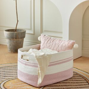 R RUNKA Large Rectangular Cotton Rope Storage Basket - 82L- Ideal for Toy Storage, Blankets, Laundry, Woven Organizer for Living Room, Bedroom - 22"x17"x12"（White & Pink）