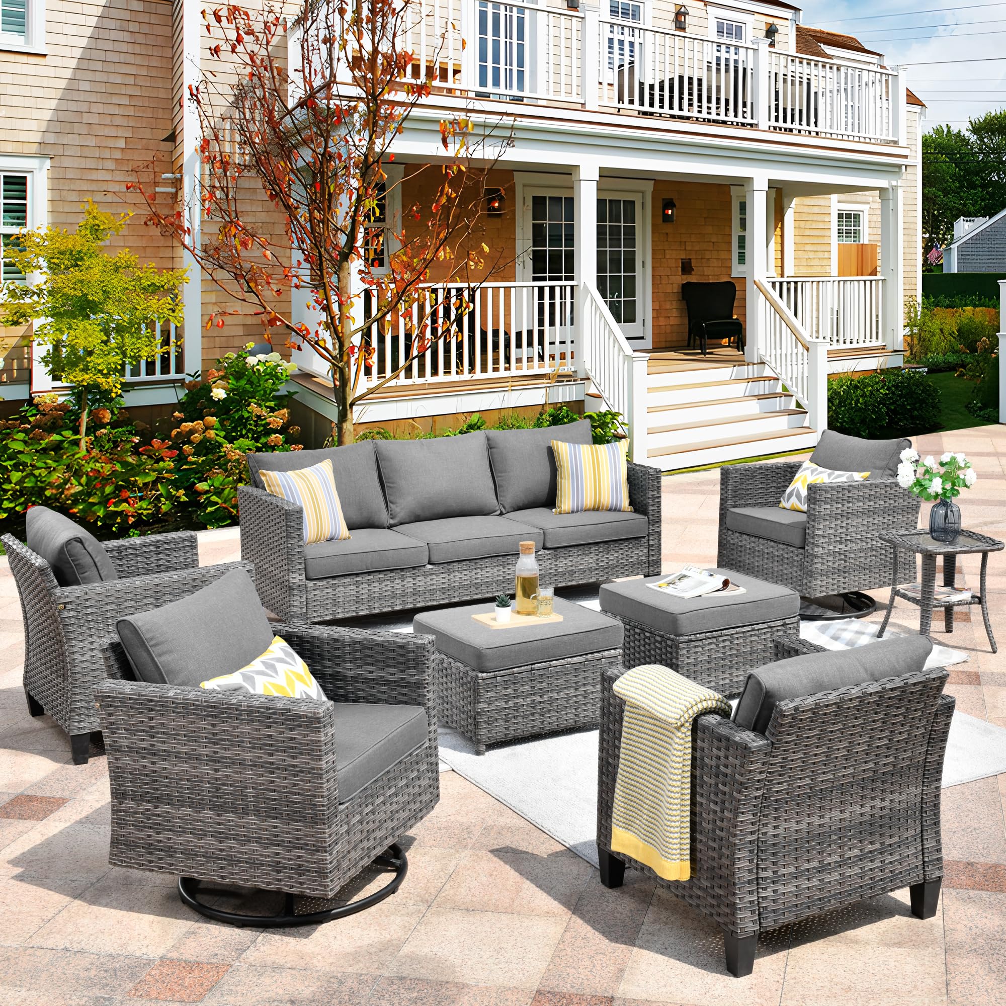 XIZZI Patio Furniture Set with Swivel Rocking Chairs,8 Pieces All Weather Wicker Outdoor Furniture,Patio Conversation Set Sofa for Outside,Deck,Backyard,Garden,Pool (Dark Grey)