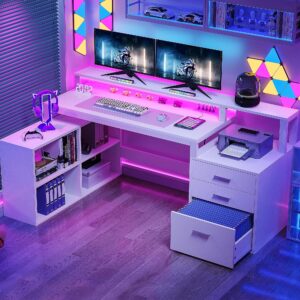 dwvo l shaped desk with power outlets & led lights, 65" computer desk with drawers, corner desk office desk with file cabinet & printer stand, white