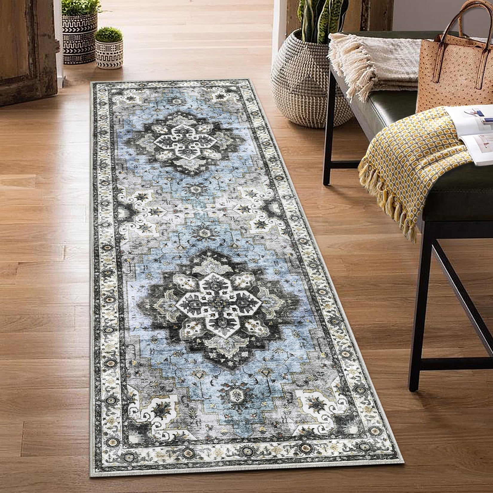 COZYLOOM Area Rug 2x6 Washable Hallway Runner Rug Non-Slip Entryway Laundry Rug Runner Non Shedding Floor Carpet Vintage Rugs for Hallway Bedroom Kitchen Bathroom, Blue/Grey