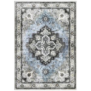 COZYLOOM Area Rug 2x6 Washable Hallway Runner Rug Non-Slip Entryway Laundry Rug Runner Non Shedding Floor Carpet Vintage Rugs for Hallway Bedroom Kitchen Bathroom, Blue/Grey