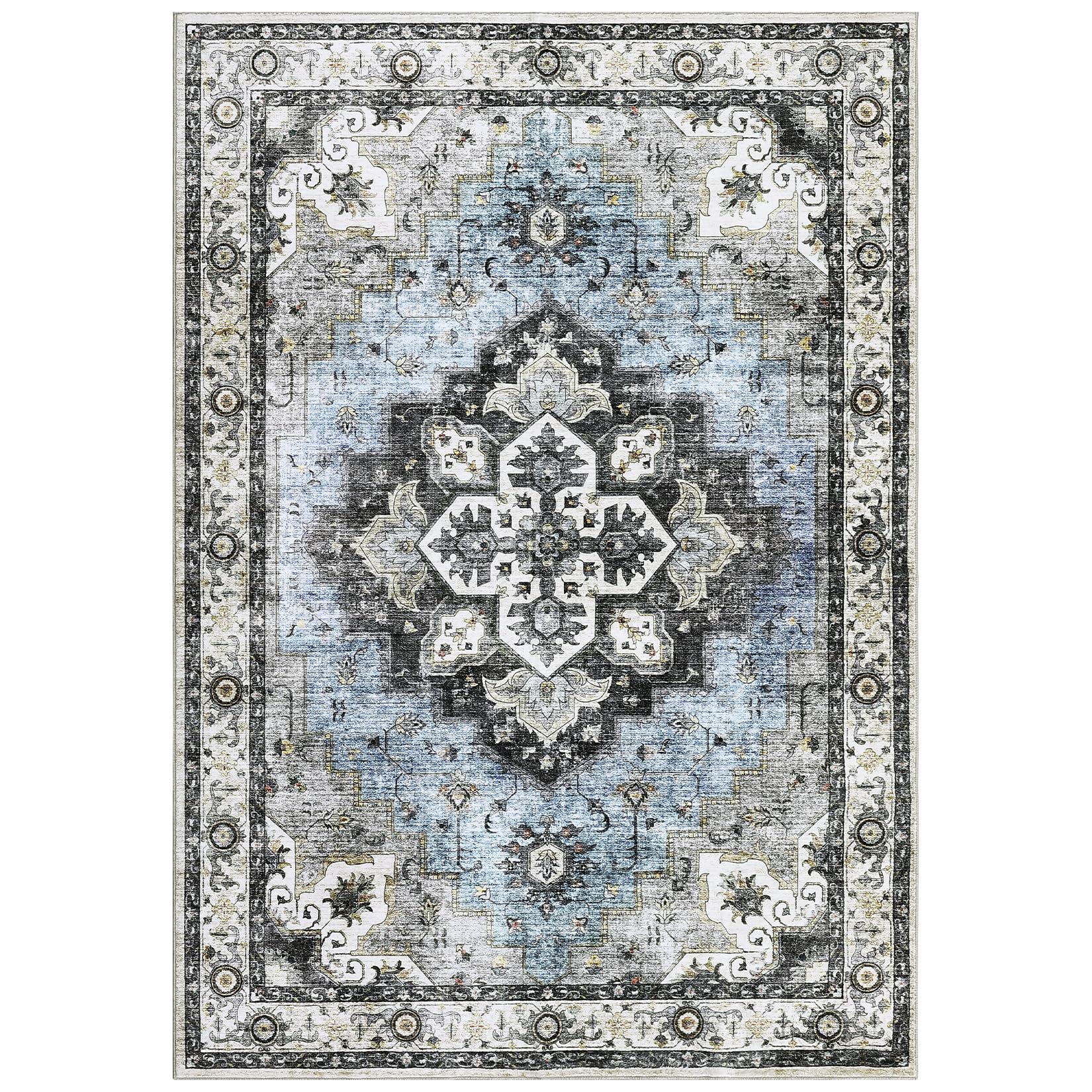 COZYLOOM Area Rug 2x6 Washable Hallway Runner Rug Non-Slip Entryway Laundry Rug Runner Non Shedding Floor Carpet Vintage Rugs for Hallway Bedroom Kitchen Bathroom, Blue/Grey