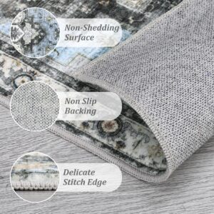 COZYLOOM Area Rug 2x6 Washable Hallway Runner Rug Non-Slip Entryway Laundry Rug Runner Non Shedding Floor Carpet Vintage Rugs for Hallway Bedroom Kitchen Bathroom, Blue/Grey