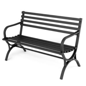 athena collection 50" garden bench outdoor patio bench, cast iron metal frame furniture porch bench with backrest, park farmhouse arch legs bench for backyard lawn garden entryway, black