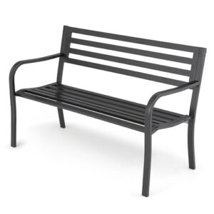 athena collection 50" garden bench outdoor patio bench with backrest, cast iron metal frame porch bench park farmhouse bench weatherproof furniture for backyard lawn garden entryway, black