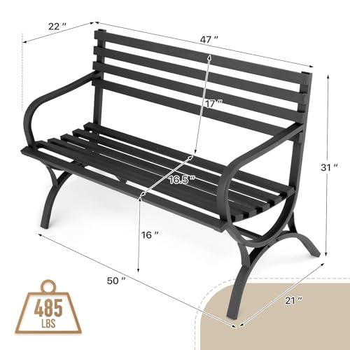 Athena Collection 50" Garden Bench Outdoor Patio Bench, Cast Iron Metal Frame Furniture Porch Bench with Backrest, Park Farmhouse Arch Legs Bench for Backyard Lawn Garden Entryway, Black